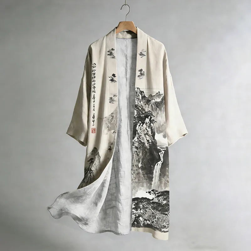 Men's Retro Landscape Painting Art Linen Long Kimono