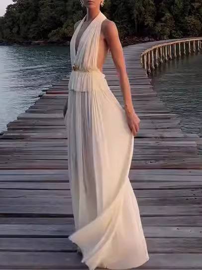 Backless Neck Top Long Skirt Suit