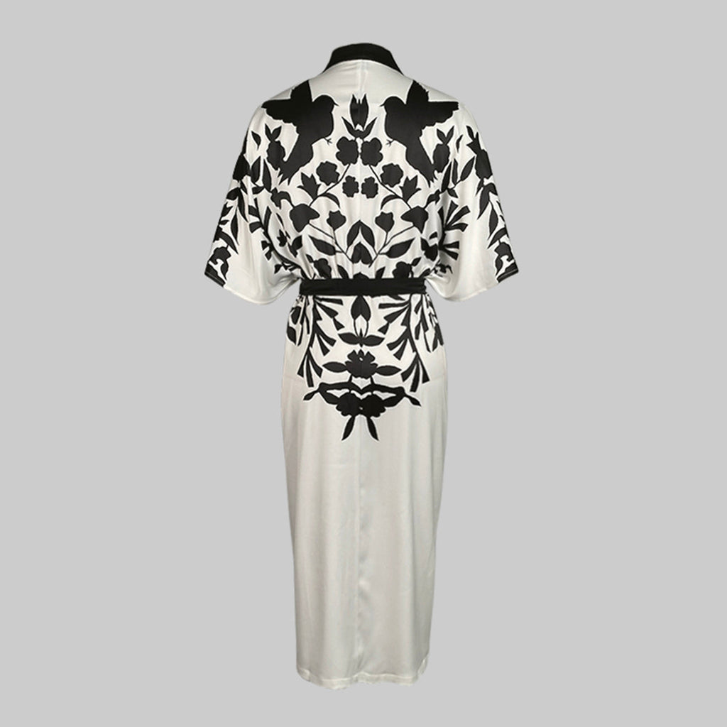 Half Sleeves Flower Print Printed Tied Waist V-Neck Midi Dresses