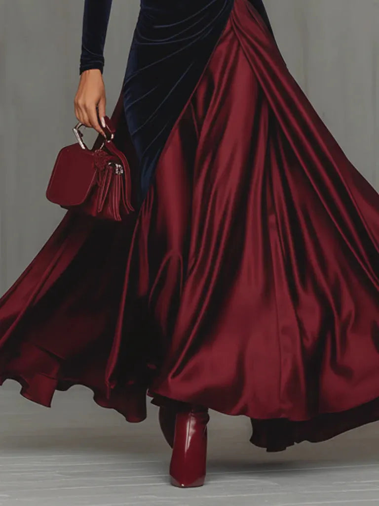 Blue Velvet And Burgundy Satin Color Block Long Dress