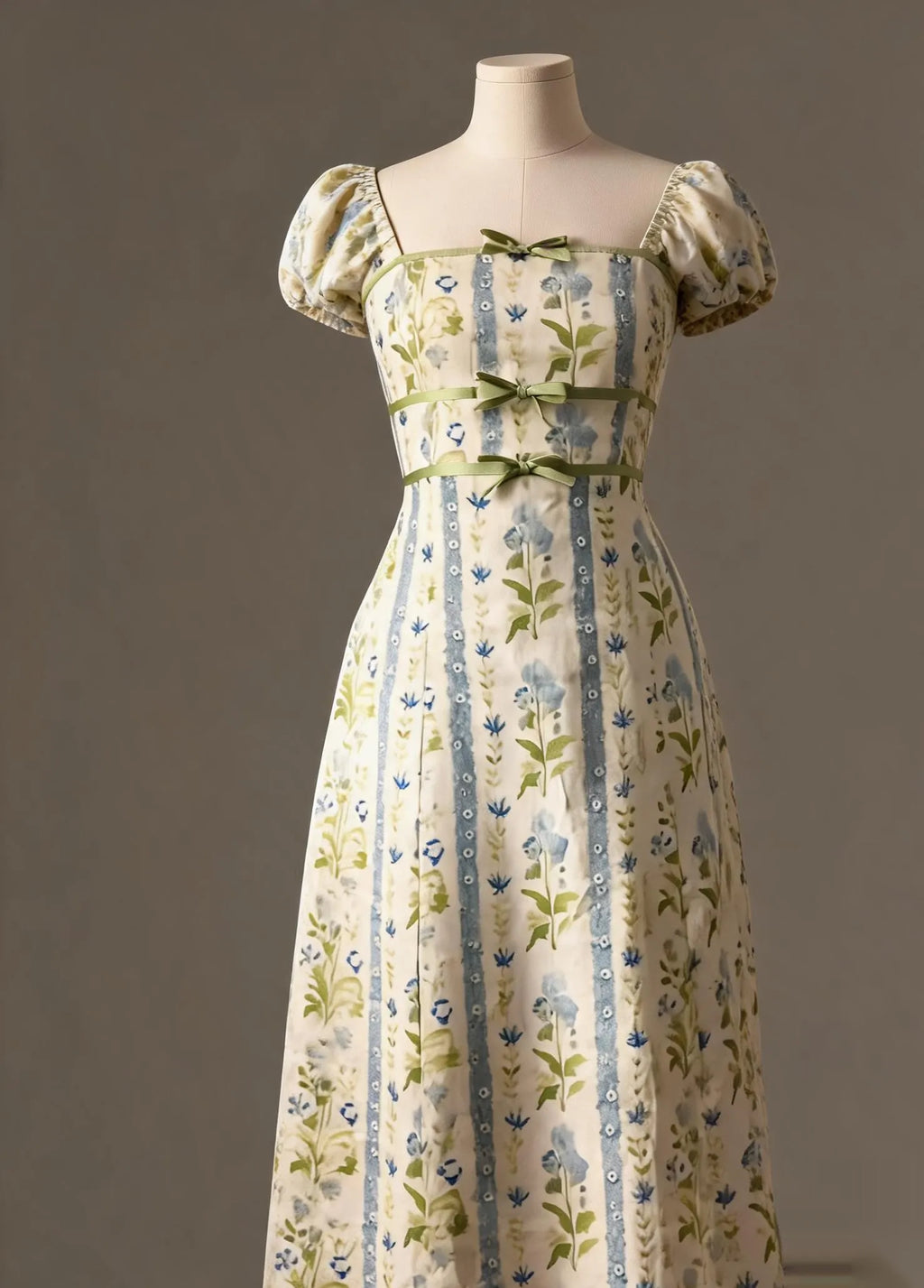 Vintage Blue Bellflower Square-Neck Puff Sleeve Cottage Dress with Sage Ribbon Bows