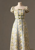 Vintage Blue Bellflower Square-Neck Puff Sleeve Cottage Dress with Sage Ribbon Bows