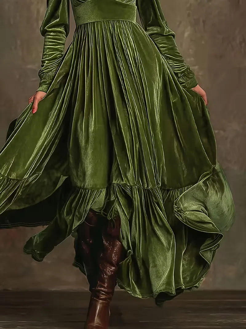Retro Velvet V-neck Fitted Waist Maxi Dress
