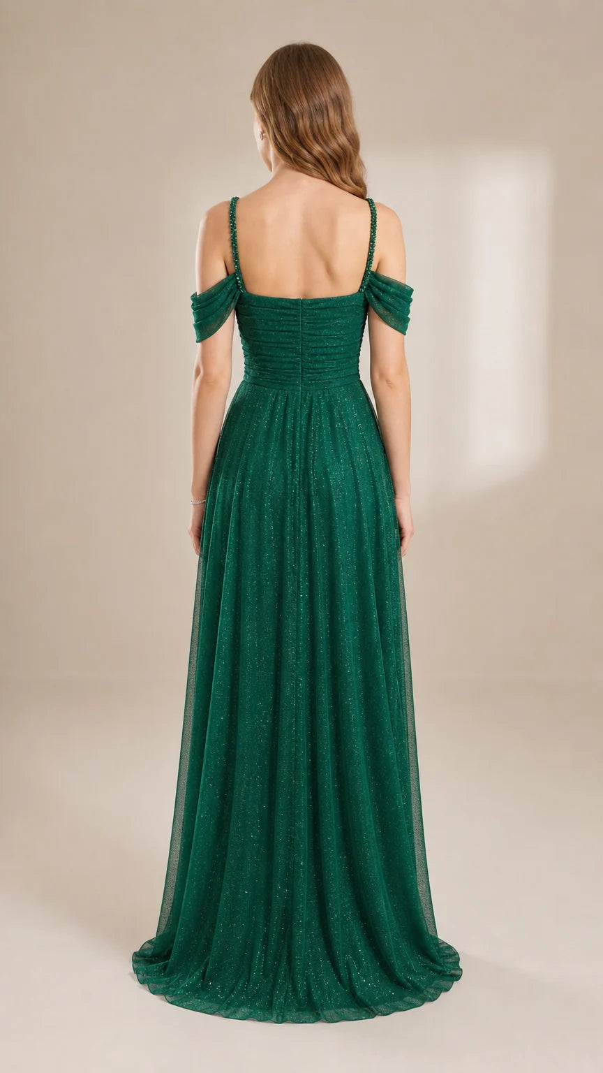 Glitter Mesh Off-the-Shoulder Evening Gown with Beaded Straps and Thigh Slit