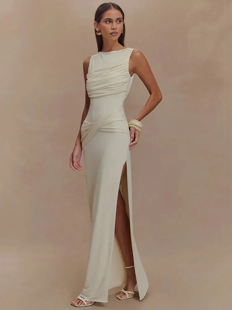 Delara Ivory Ruched Maxi Dress – Elegant Sleeveless High Slit Evening Gown for Summer Events-  Ivory, Black, Blue