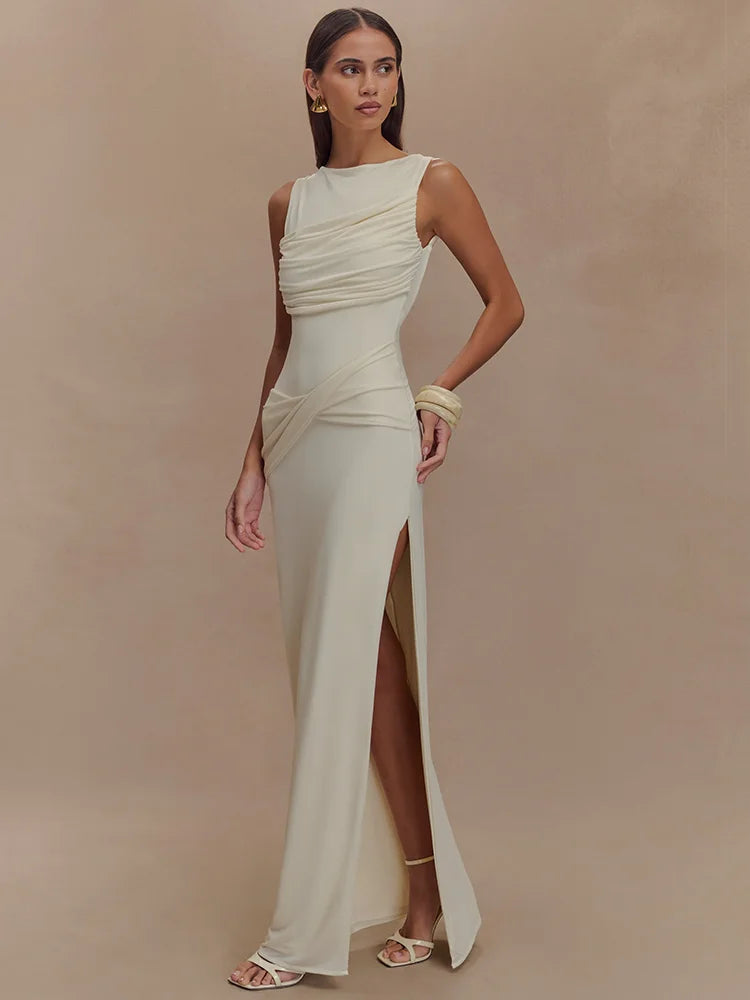 Delara Ivory Ruched Maxi Dress – Elegant Sleeveless High Slit Evening Gown for Summer Events-  Ivory, Black, Blue