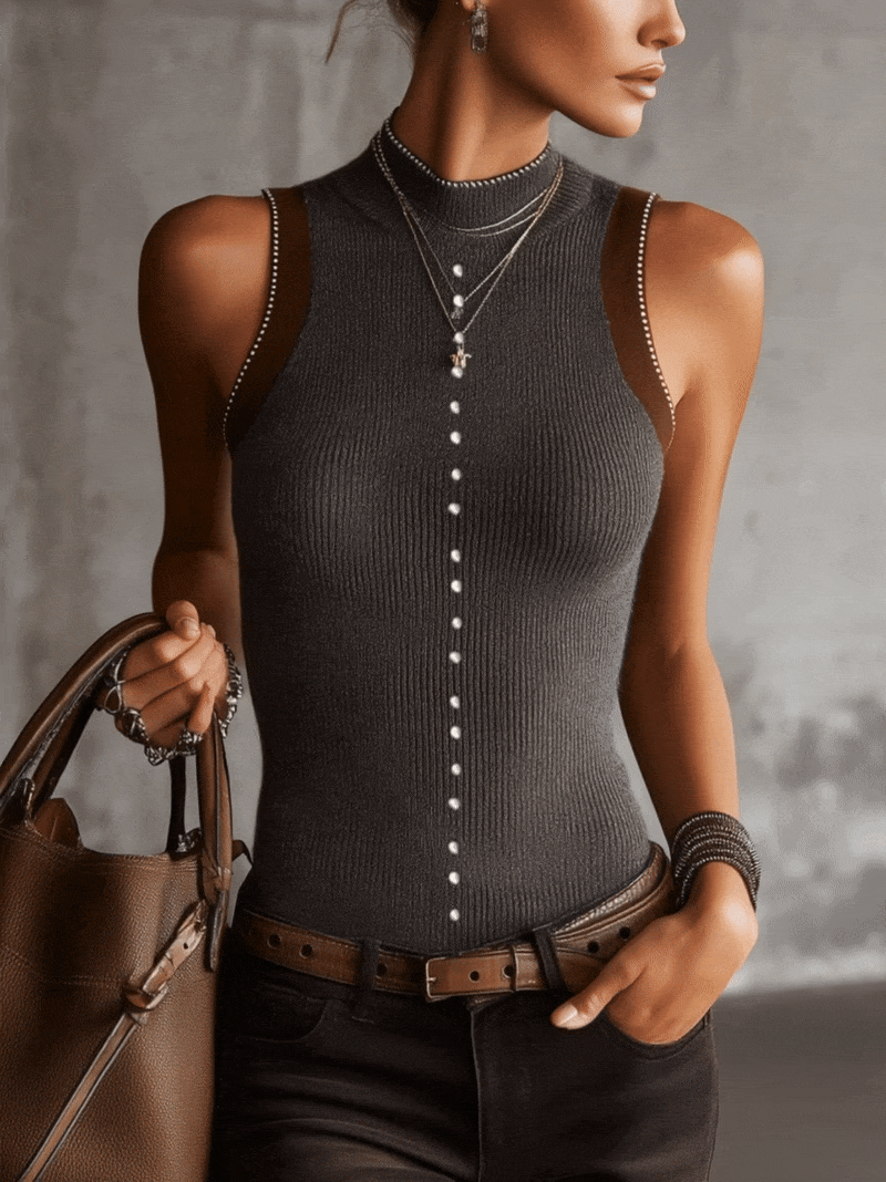 Gray Ribbed Knit Sleeveless Vest With Pearl Button Detailing