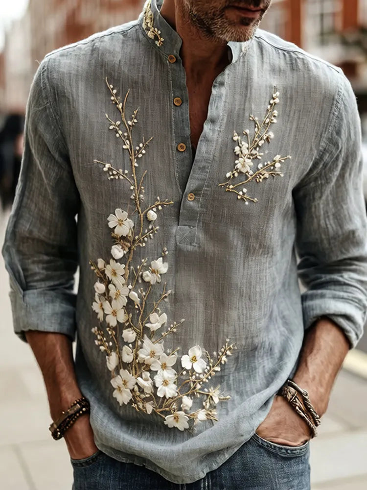 Men's Japanese-style Cherry Blossom Pattern Linen Blend Shirt