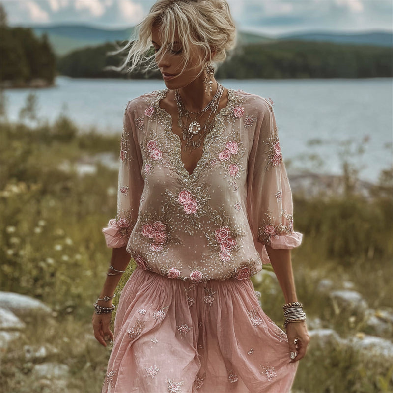 Boho Pink Roses Embroidered Lace Trim Flowy Linen Tunic