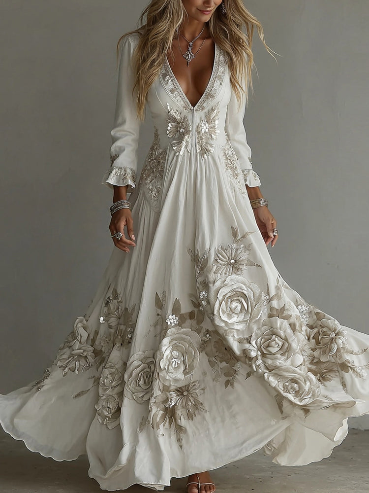 Women's Vintage White Flowers Embroidery Art V-neck Maxi Dress