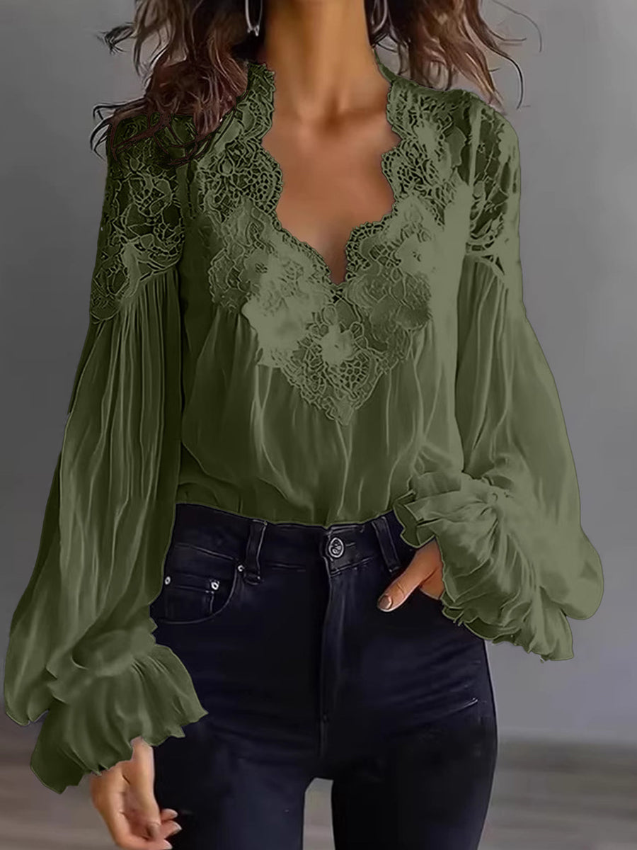 Women's Lace Patchwork Puff Sleeve Shirt