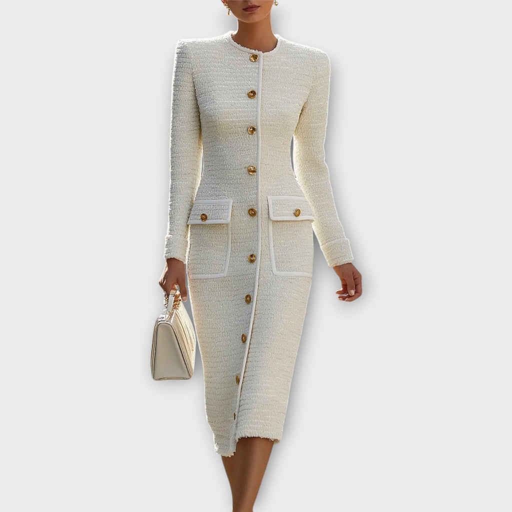 Elegant Button-Front Tweed Midi Dress