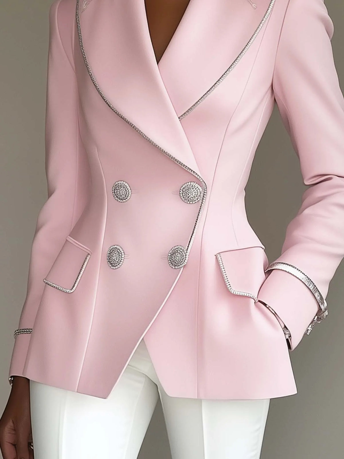 24-Hour-Shipping Pink Blazer With Silver Trim And Double-breasted Buttons