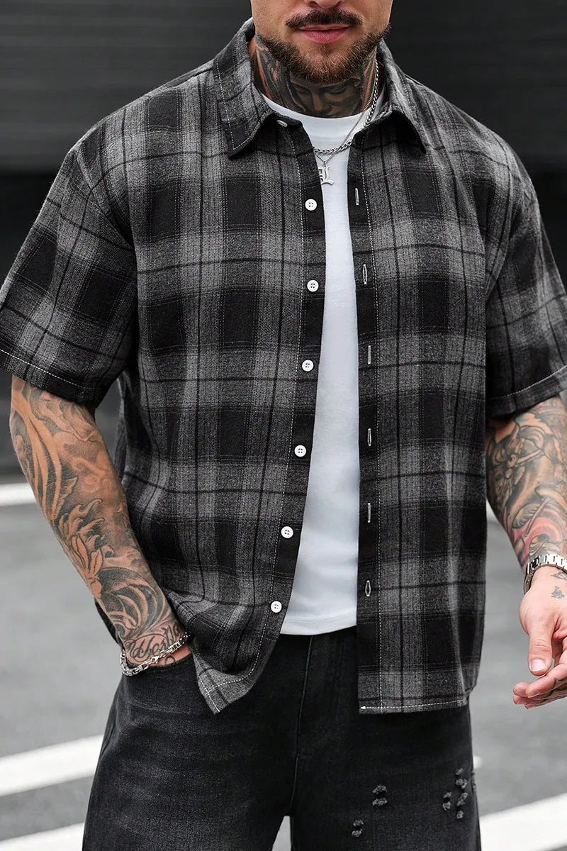 Men's Black Grey Plaid Lapel Short Sleeve Flannel Button Shirt