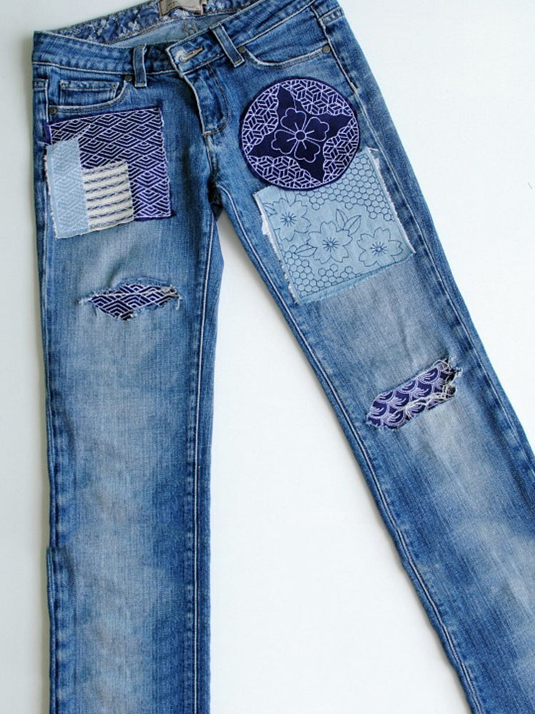 Japanese Style Sashiko Patchwork Design Jeans