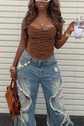 Women Casual U-neck Top or Spliced Washed Denim Jeans