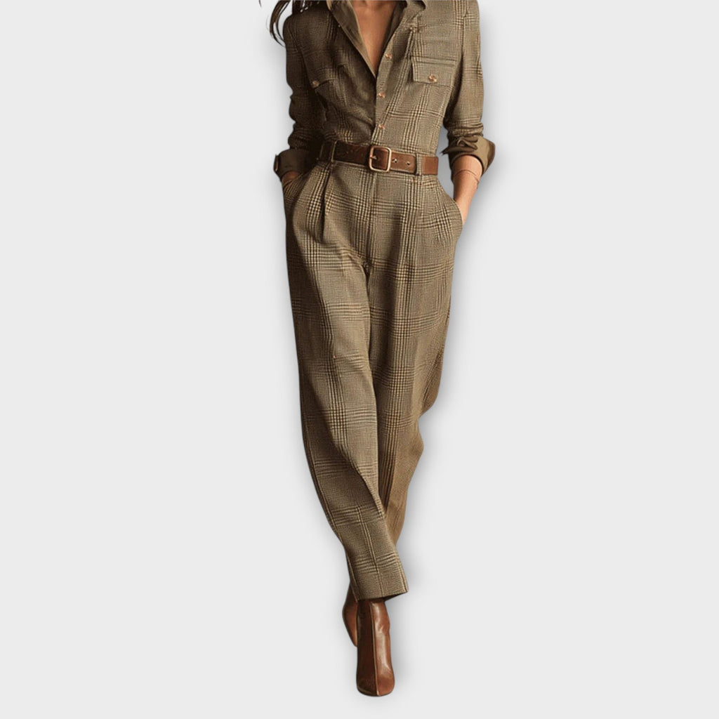 Tailored Plaid Belted Jumpsuit