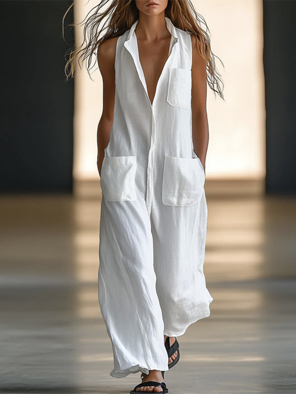 Loose Sleeveless Solid Color Split-Joint Round-Neck Jumpsuits