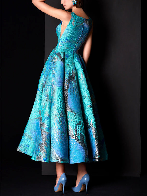 V-neck Sleeveless Print Midi Dress