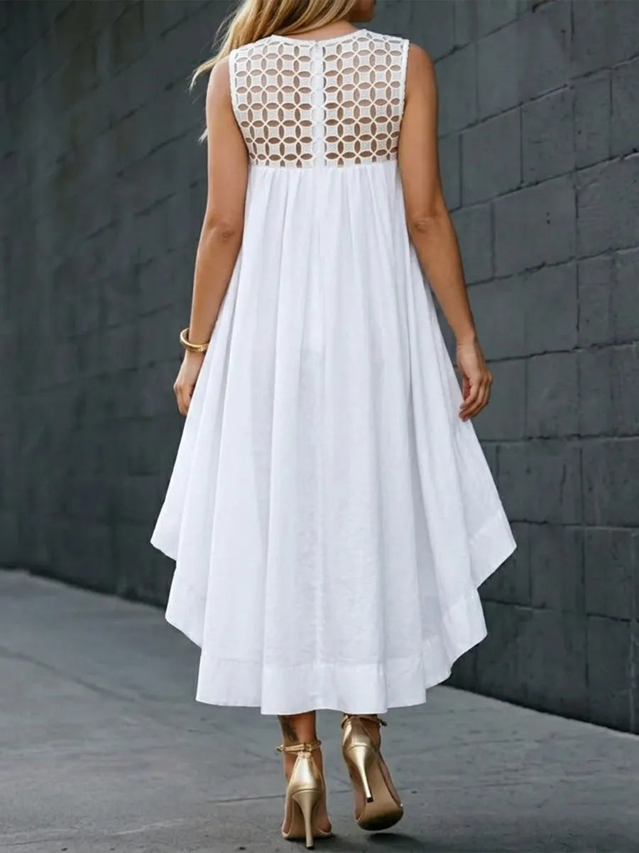 Stylish Cotton Dress With Lace Paneling And A High-low Hem