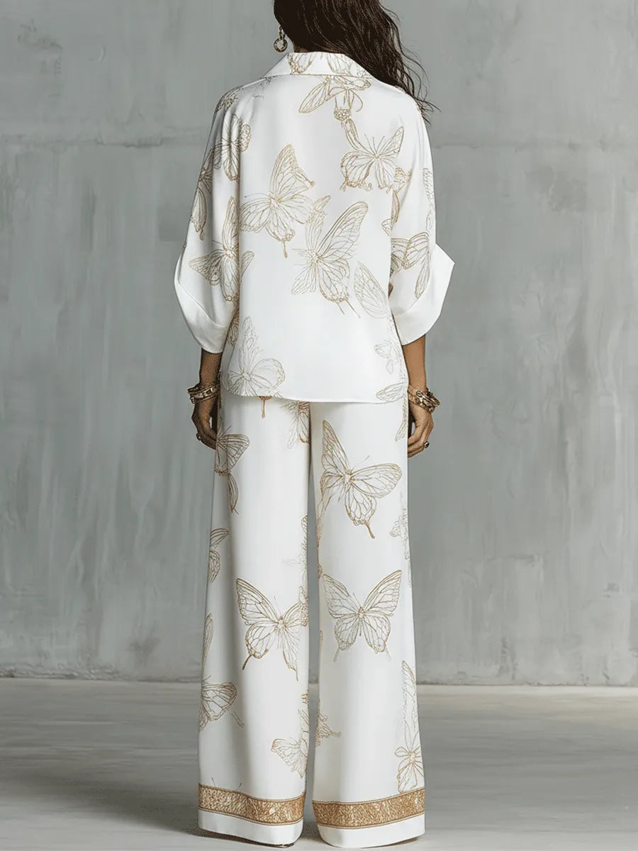 Bohemian Luxe Butterfly Jacquard Blouse & Wide-Leg Pants Set