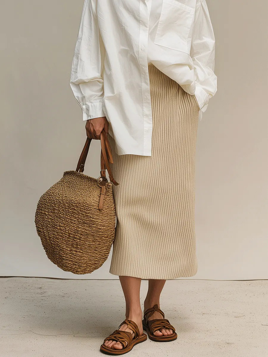 Modern Bohemian White Shirt & Soft Ribbed Midi Skirt Set