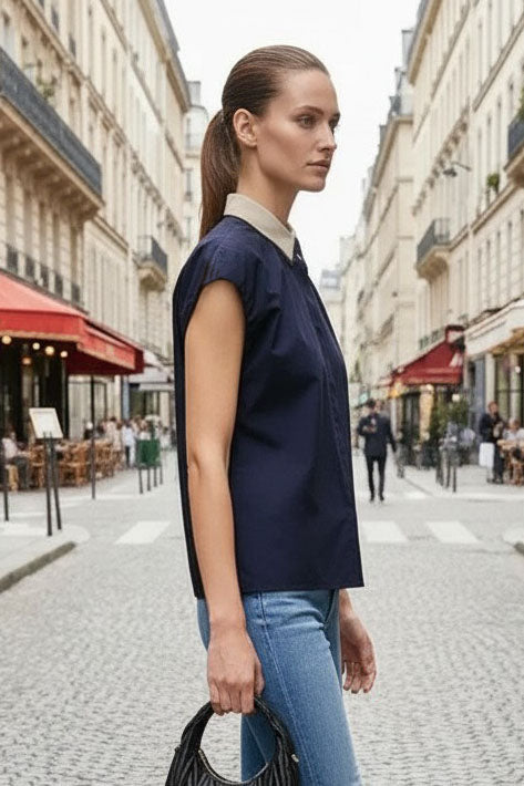 Short Sleeve Blouse with Detachable Collar