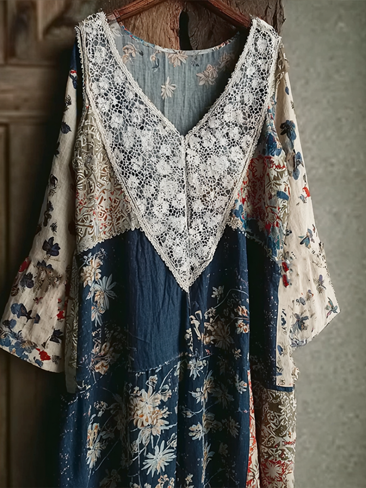 Japanese Art Retro Style Lace Patchwork Design V-neck Cotton And Linen Dress
