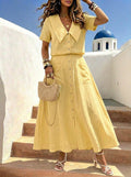 Womenâ€TMs Solid-color Big Collar Cotton Linen Casual Short Sleeve V Neck Button Down Shirts Maxi Dress