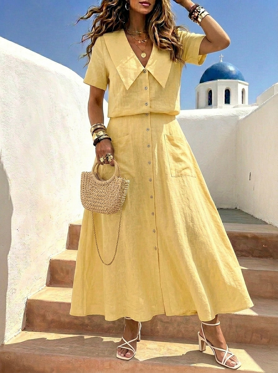 Womenâ€TMs Solid-color Big Collar Cotton Linen Casual Short Sleeve V Neck Button Down Shirts Maxi Dress