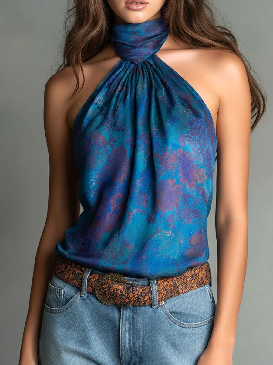 Retro High-Neck Floral Print Teal Satin Halter Scarf  Blouse
