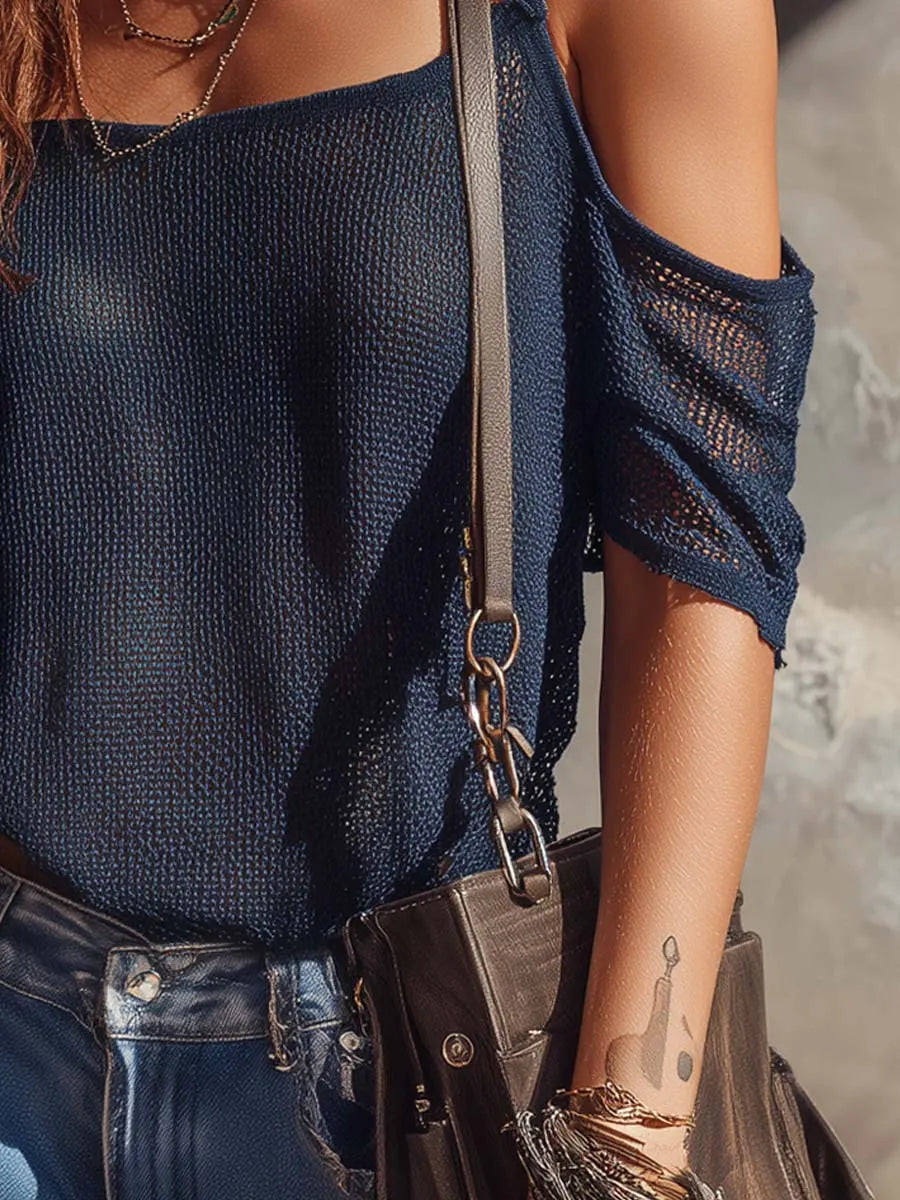Retro Cold-Shoulder Short-sleeved Knit Blouse