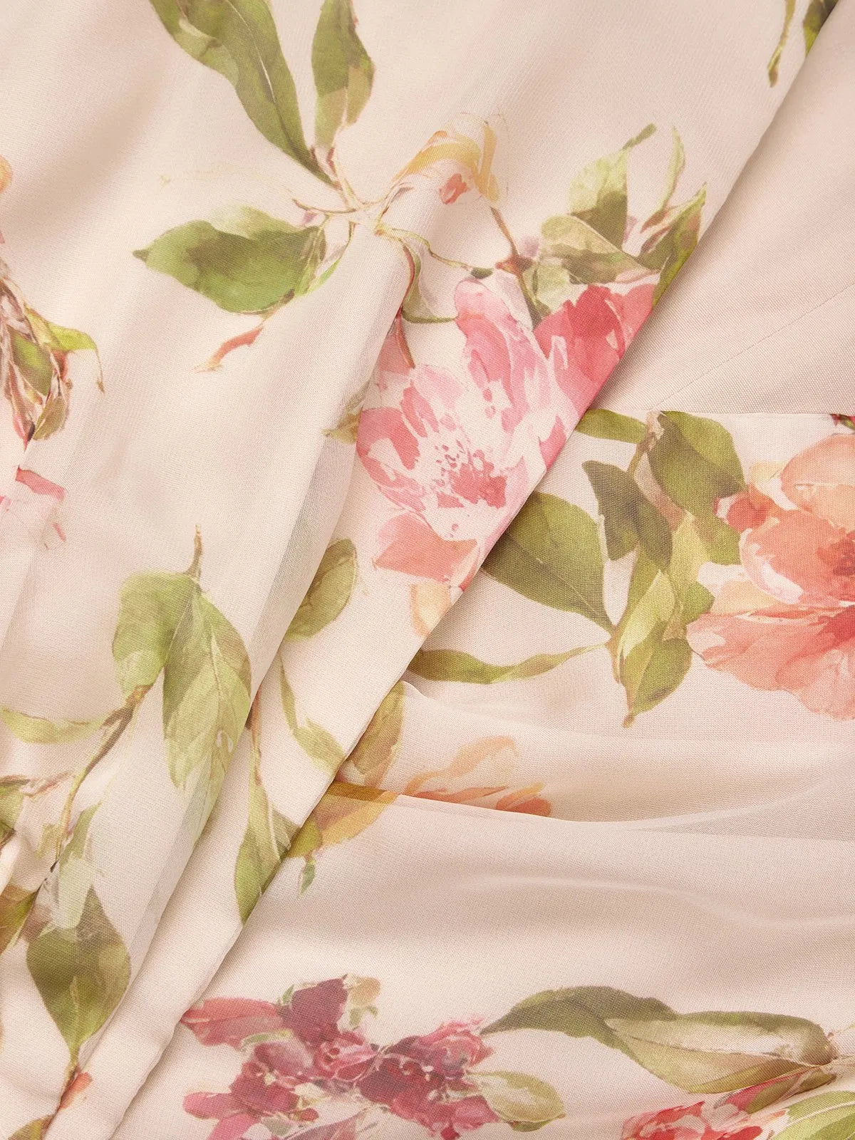 Beige Ruched Floral Chiffon V Neck Sleeveless A-Line Midi Dress