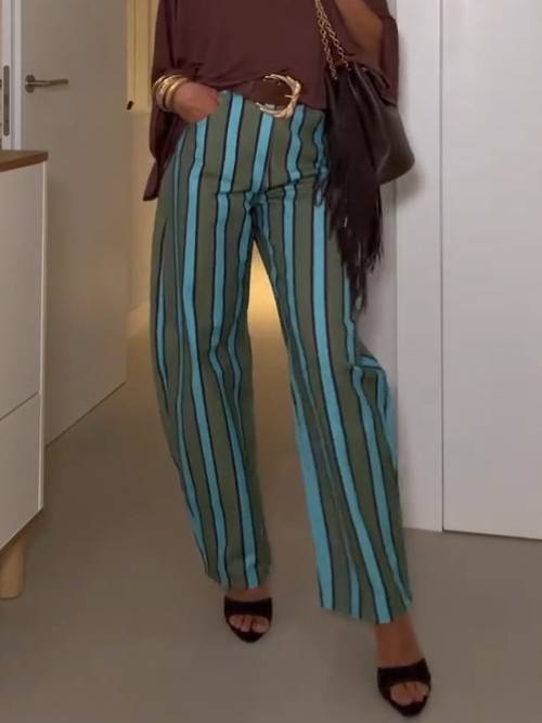 Loose T-Shirt And Striped Printed Pants Set-Pants