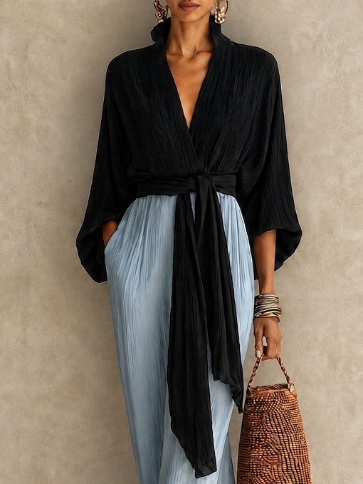 Black Blue Two‑Piece Outfit, Wrap Kimono Top & High Waist Wide Leg Pants Set