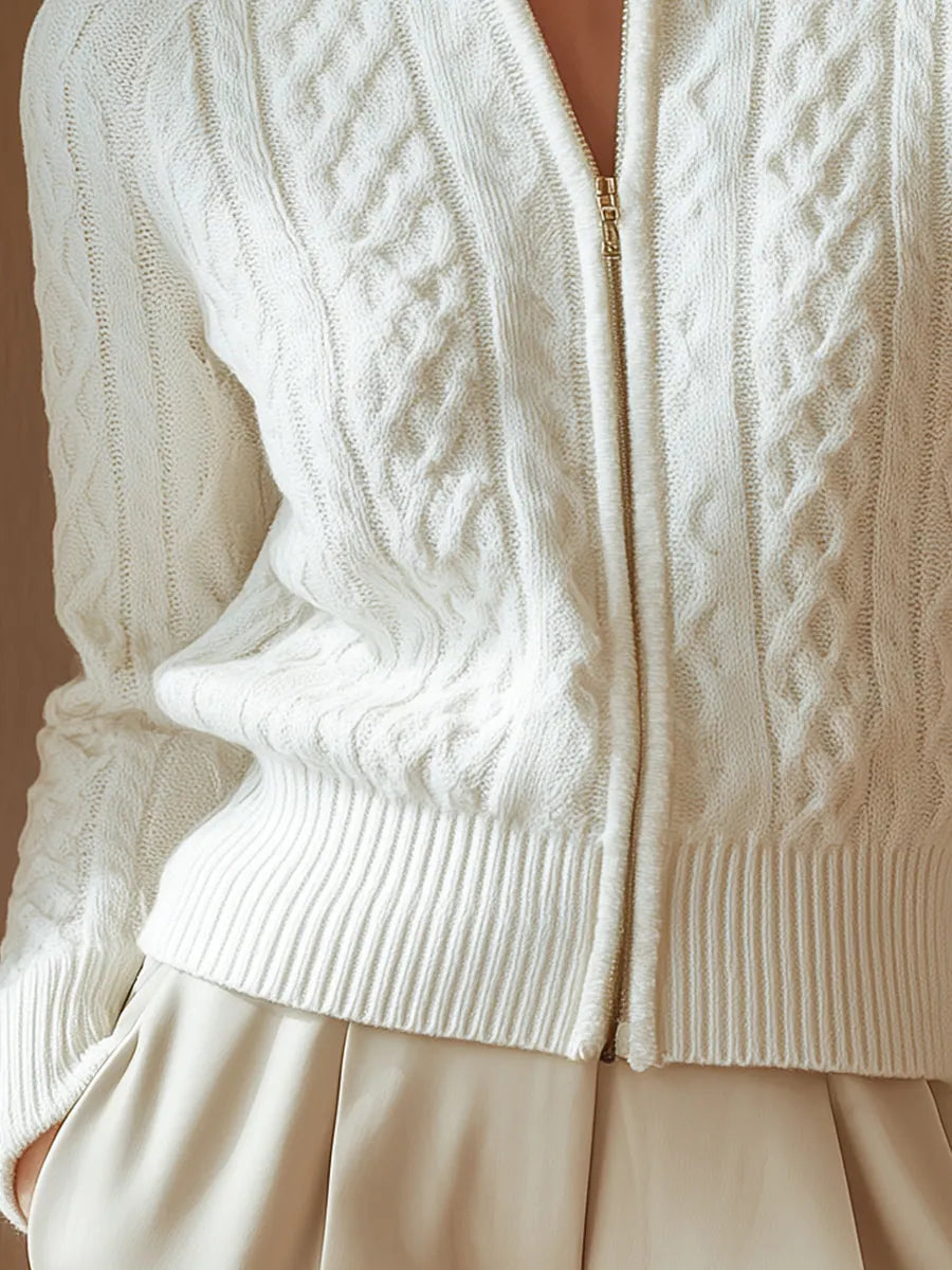 White Cable-Knit Zip Cardigan