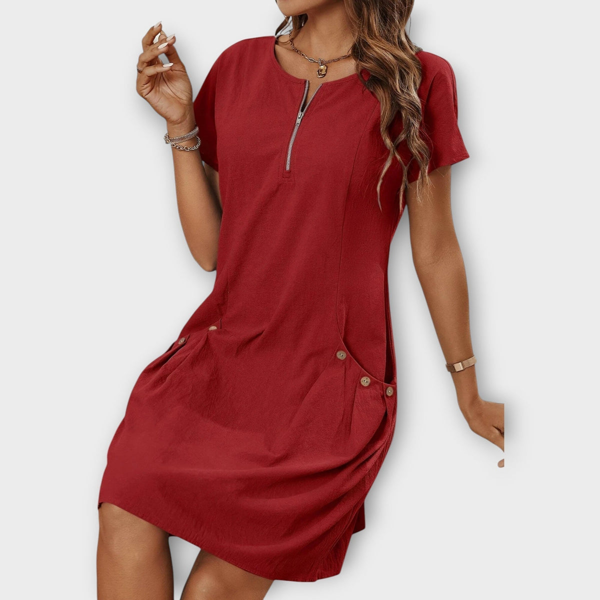 Mini Dress with Short Sleeves and Zip at the Neckline