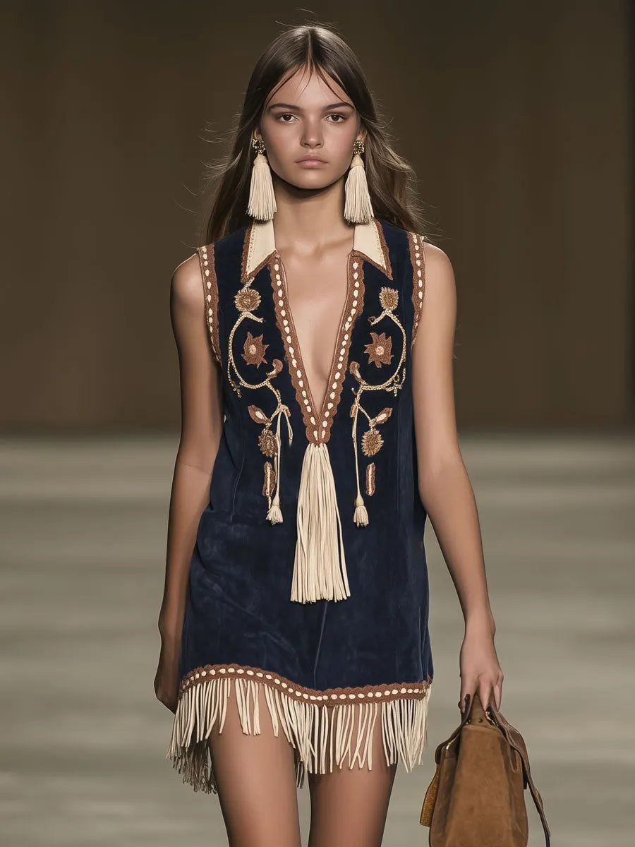 Western Retro Faux Suede Bohemian Style Embroidered Tassel Sleeveless Mini Dress