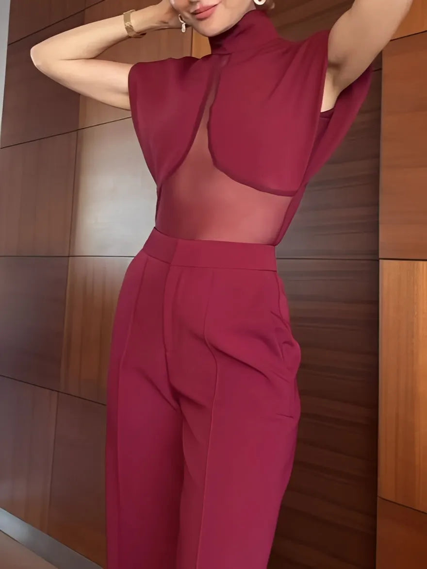 Burgundy patchwork sheer mesh top and trousers set