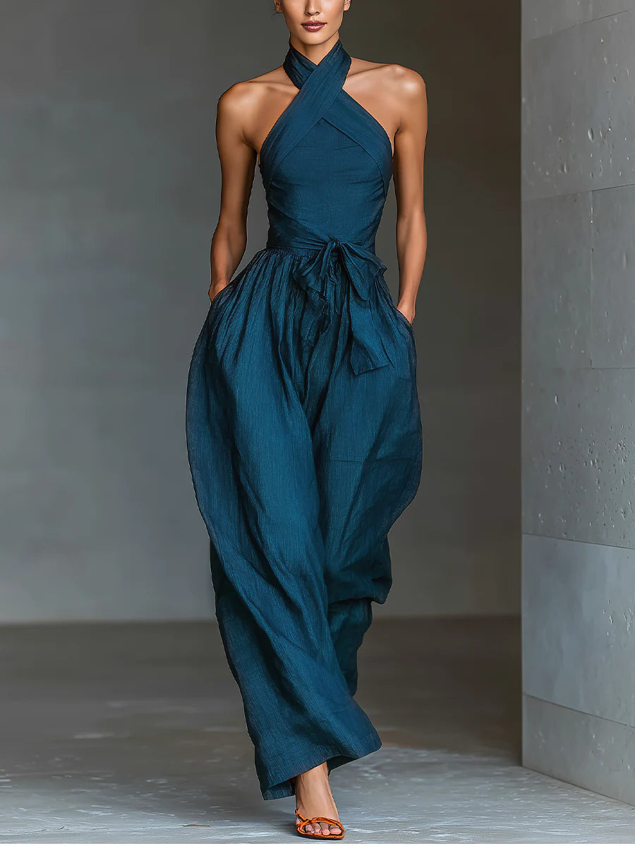 Navy Cross Halter Wide-Leg Jumpsuit With Side Pockets