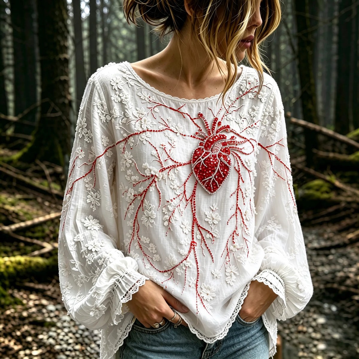 Women's Vintage Floral With Heart Anatomy Rhinestones Art Long Sleeve T-shirt