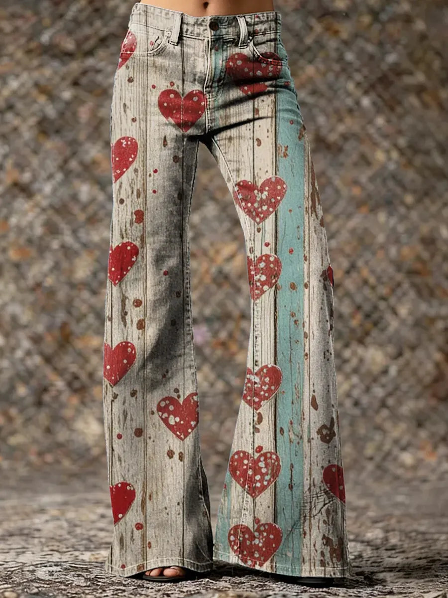 Women's Retro Heart Artistic Print Casual Slim-fit Flared Pants