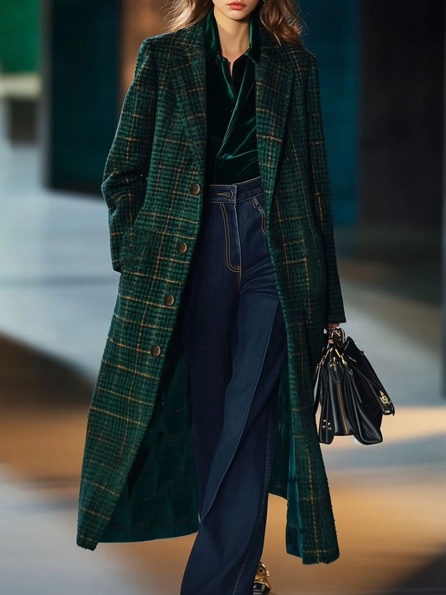 Retro Classic Dark Green Plaid Long Coat
