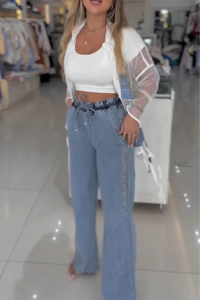 Women Collar Patchwork Denim Hollow Top or Drawstring Wide Leg Jeans