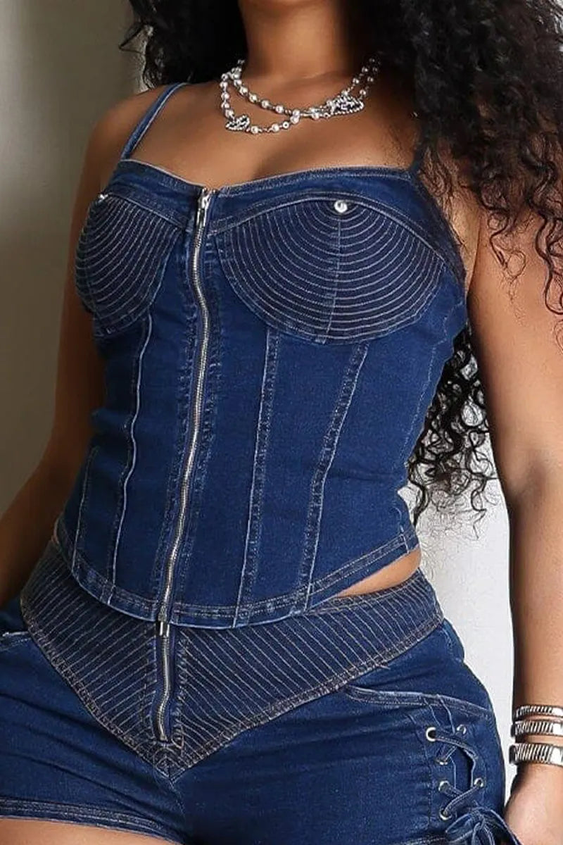 Women's Casual Denim Cami Top&Drawstring Denim Shorts