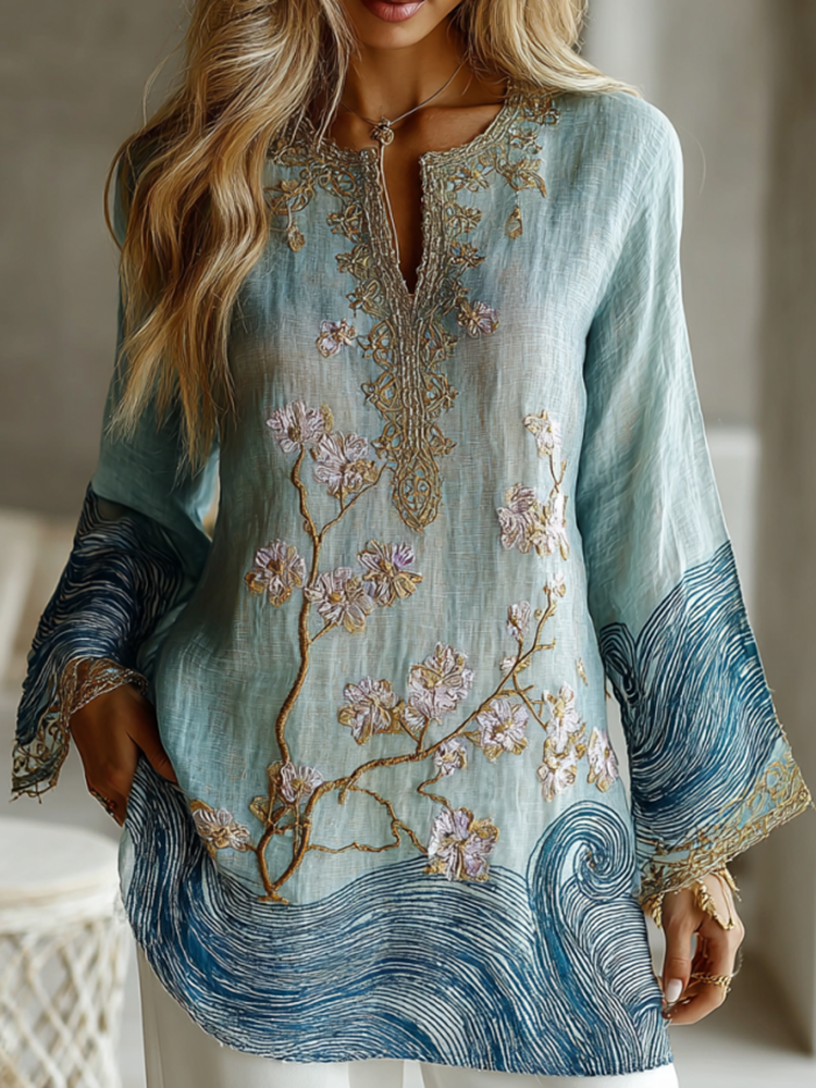 Vintage Gradient Marble Texture With Cherry Blossoms Pattern Art Linen Shirts