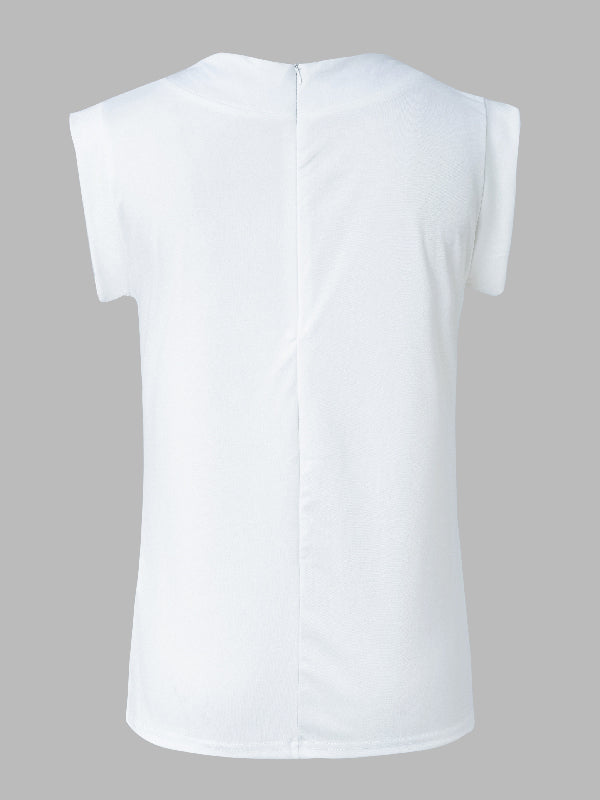 Cap Sleeve Loose Multi-Colored Printed High-Neck T-Shirts Tops