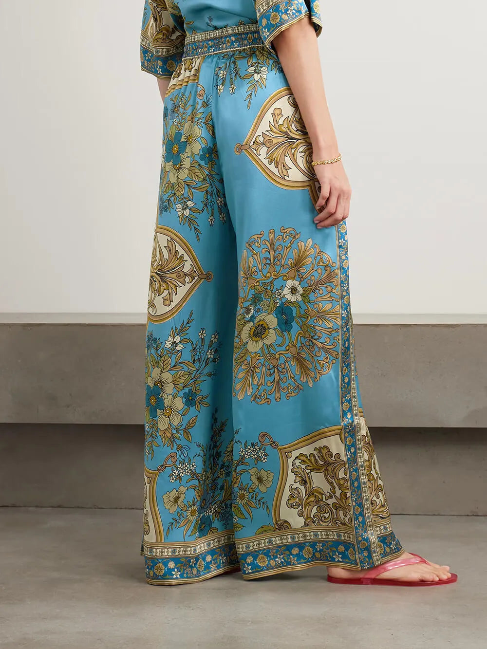Unique Casual Floral Print Satin Elastic-Waist Pockets Wide-Leg Pants
