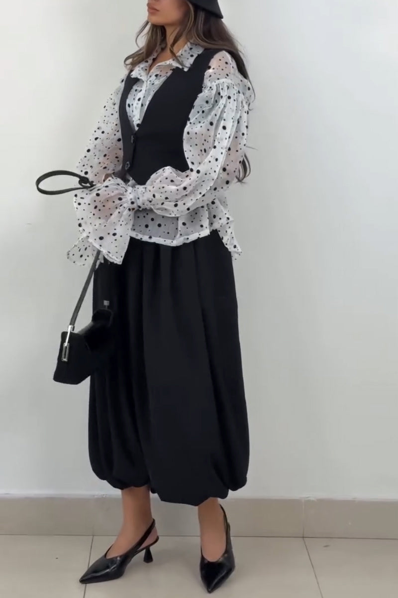 Women's Casual Lapel Polka Dot Shirt or Vest Set