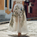 Women's Elegant Floral With Peacock Art Linen Blend Casual Maxii Skirt